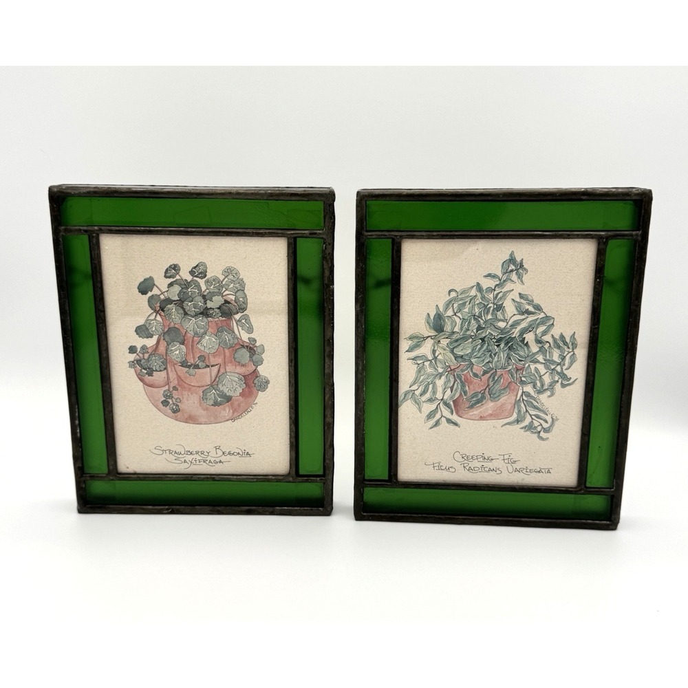 Vintage Leaded Glass Botanical Suncatcher Panels Set 2 Lee Romero Dandeleau 1976